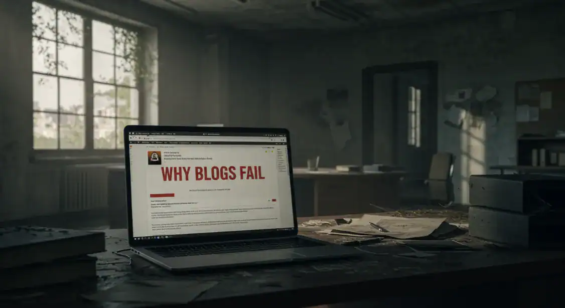 Laptop on desk with "Why Blogs Fail" on screen in abandoned office.